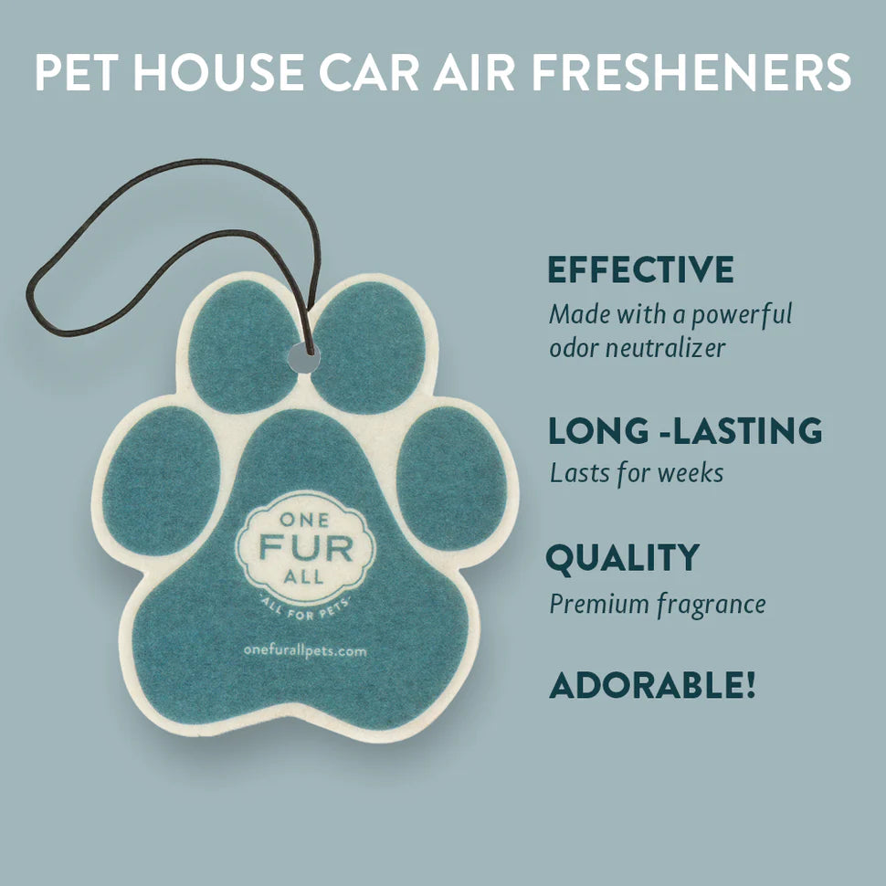 Pet house car air freshener with paw shape on a light blue background
