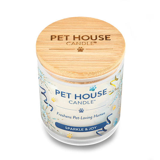 Pet House Candle labeled 'Sparkle & Joy' with a wooden lid on a white background