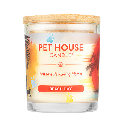 Pet House Candle labeled 'Beach Day' with a tropical design on a white background