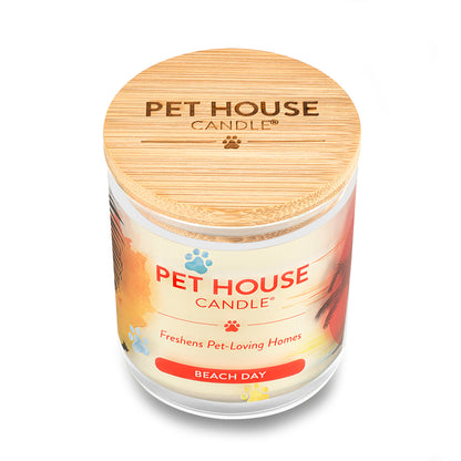 Beach Day Pet House Candle with wooden lid on a white background