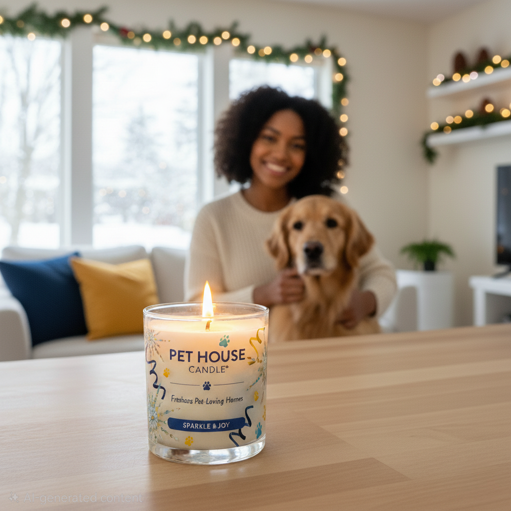 Woman holding a dog with a lit 'Pet House Candle' on a table in a cozy living room.