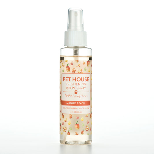 Pet House Freshening Room Spray bottle with mango peach flavor on a white background