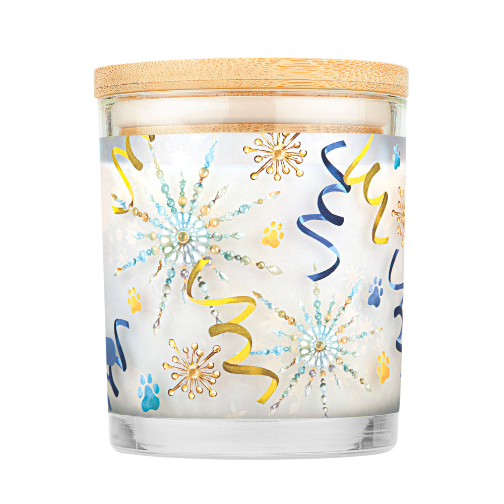 Pet House Candle labeled 'Sparkle & Joy' with a wooden lid on a white background