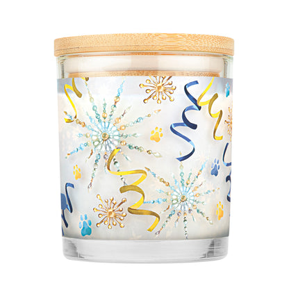 Pet House Candle labeled 'Sparkle & Joy' with a wooden lid on a white background