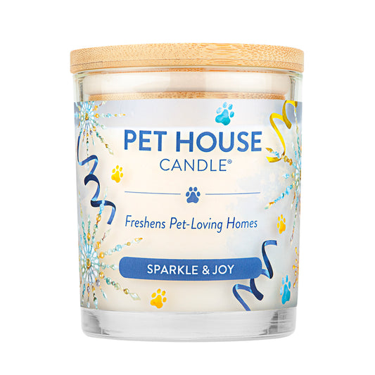 Pet House Candle labeled 'Sparkle & Joy' with a wooden lid on a white background