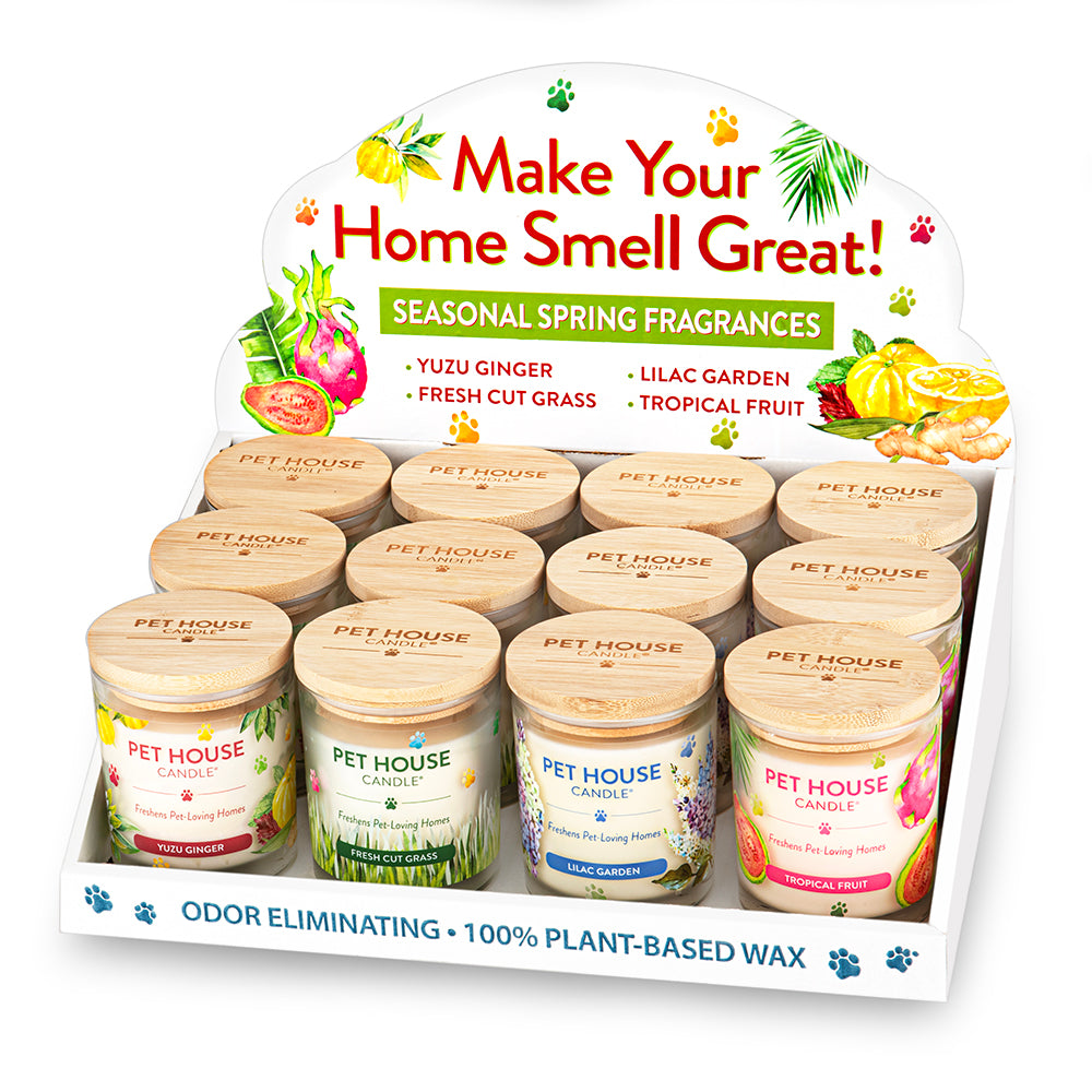 Spring Candle Display of Pet House candles with scents like Yuzu Ginger, Fresh Cut Grass, Lilac Garden, and Tropical Fruit.