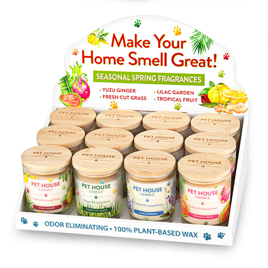 Spring Candle Display of Pet House candles with scents like Yuzu Ginger, Fresh Cut Grass, Lilac Garden, and Tropical Fruit.
